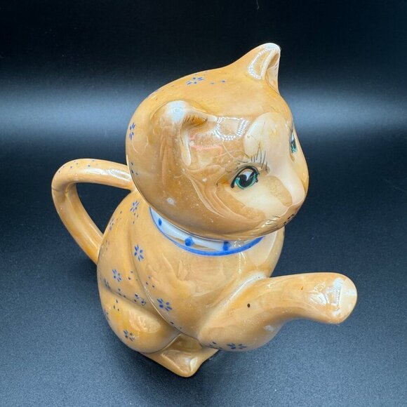 Vintage 1950s Lusterware lucky Orange Cat Teapot - Picture 6 of 11